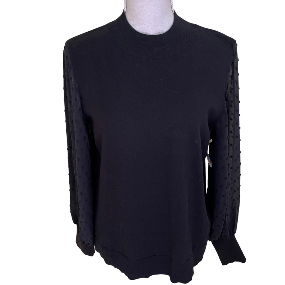 Vince Camuto Black Mock Neck Sweater with Sheer Dotted Swiss Sleeves M